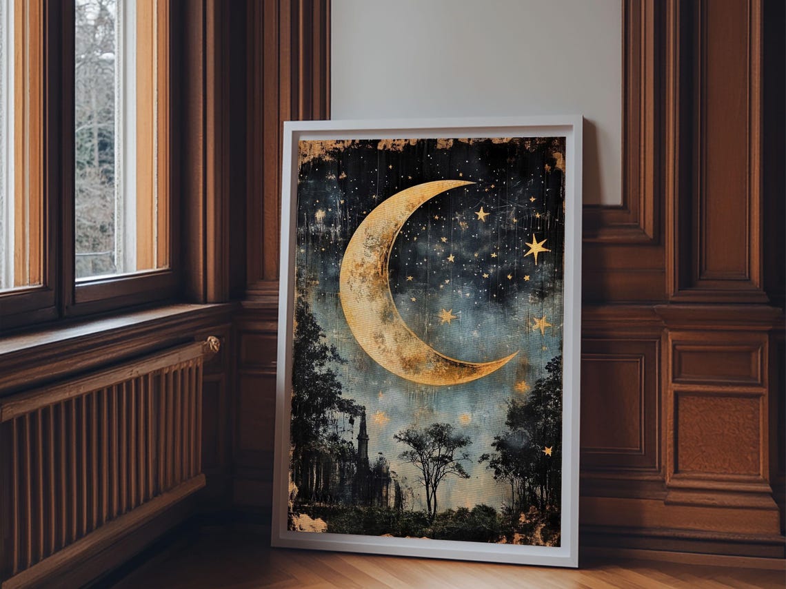 Golden Crescent Moon Stars Mystical Night Forest Sky Art Print