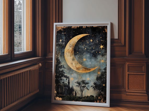 Mystical Moon Painting Print Folk Art Print Eerie Atmospheric Wall Art Subdued And Moody Home Decor Crescent Moon Painting