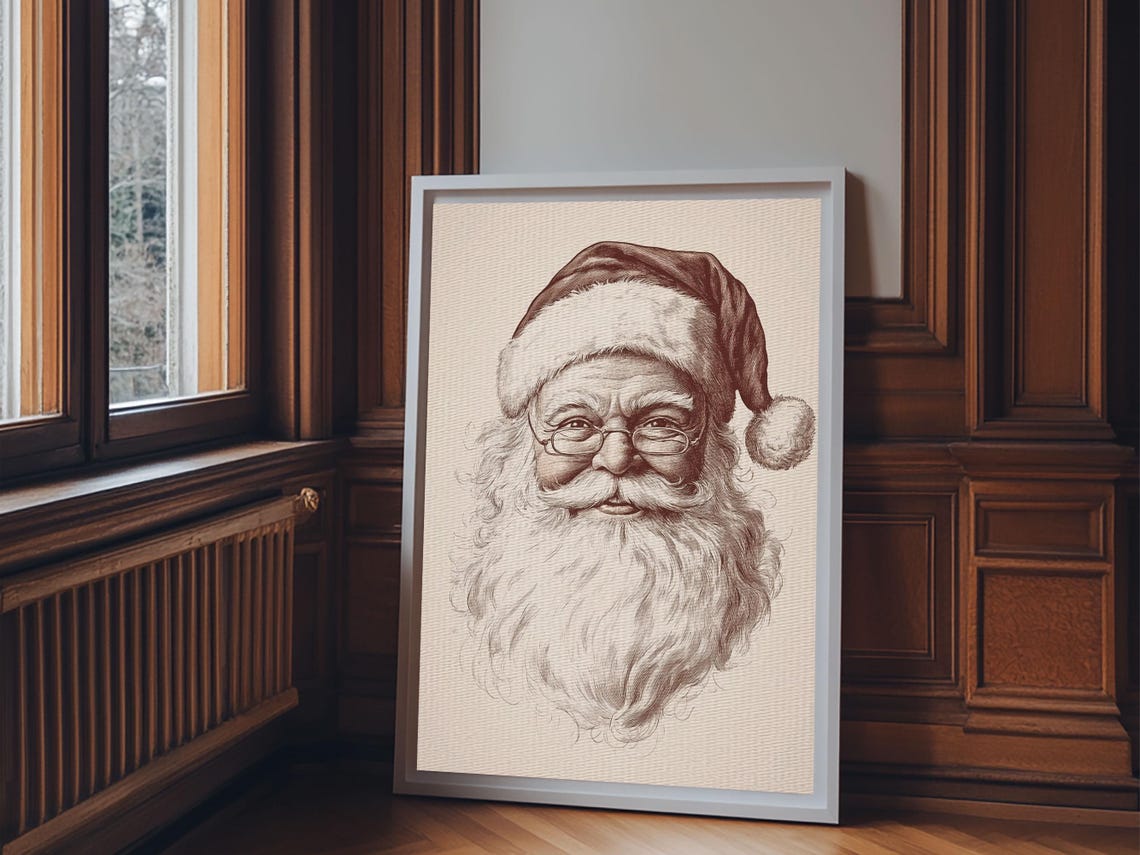 Vintage Santa Claus Portrait With Glasses Sepia Sketch Holiday Poster - Image 4
