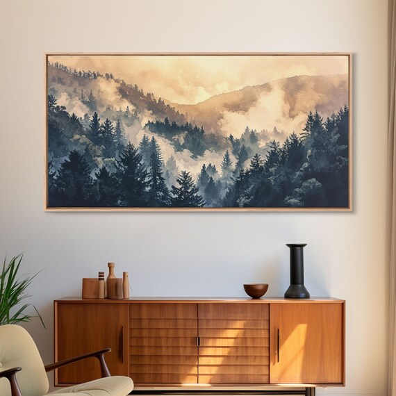 Subdued Landscape Painting Framed Print Watercolor Art Dark And Moody Fog Over The Pine Forest Blueridge Mountains