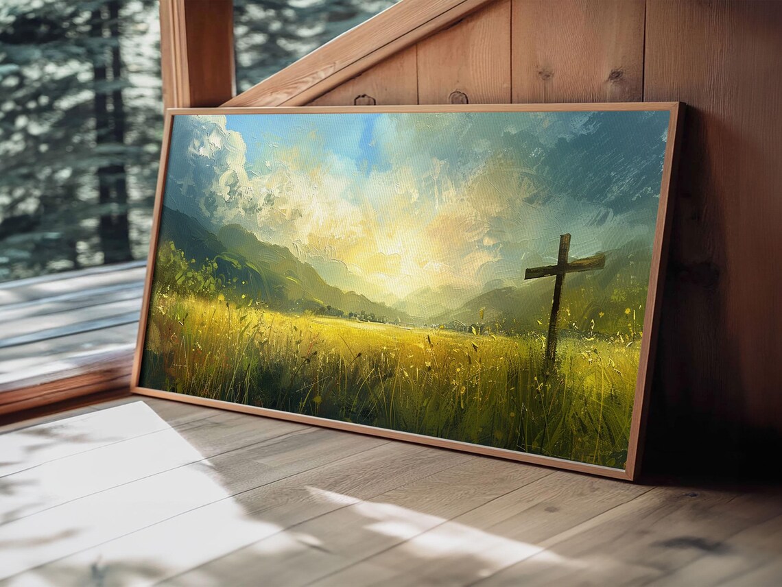 Cross In Golden Field Sunrise Grass Christian Faith Landscape Wall Art Poster - Image 4