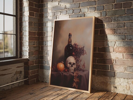 Skull Wine Bottle Fruit Still Life Dark Vanitas Oil Painting Gothic Wall Art