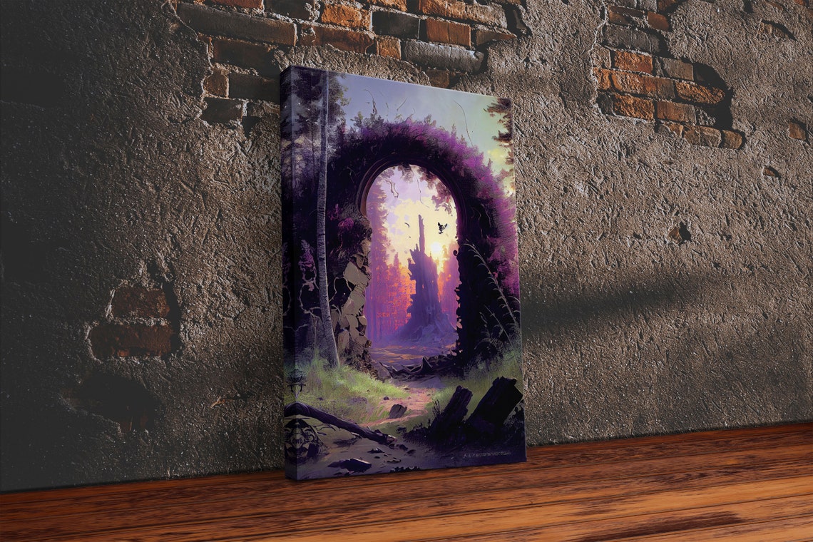 Purple Fantasy Portal Forest Archway Glowing Castle Sunset Poster