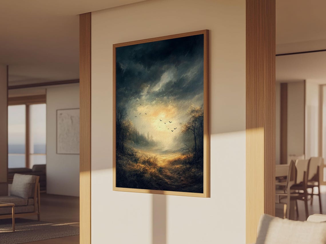 Misty Sunrise Meadow Birds Flying Dark Romantic Landscape Art Poster