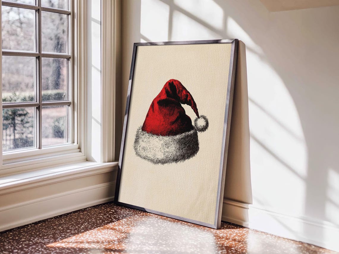 Red Santa Hat Sketch Vintage Christmas Holiday Minimalist Art Print