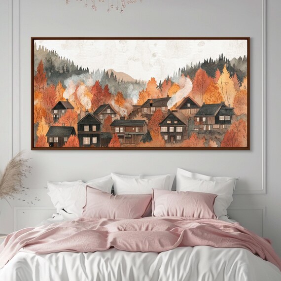 Autumn Village Decor Framed Print Rustic Village With Fall Trees Cozy Seasonal Wall Art Gift Idea Moody Landscape Autumn Home Decor