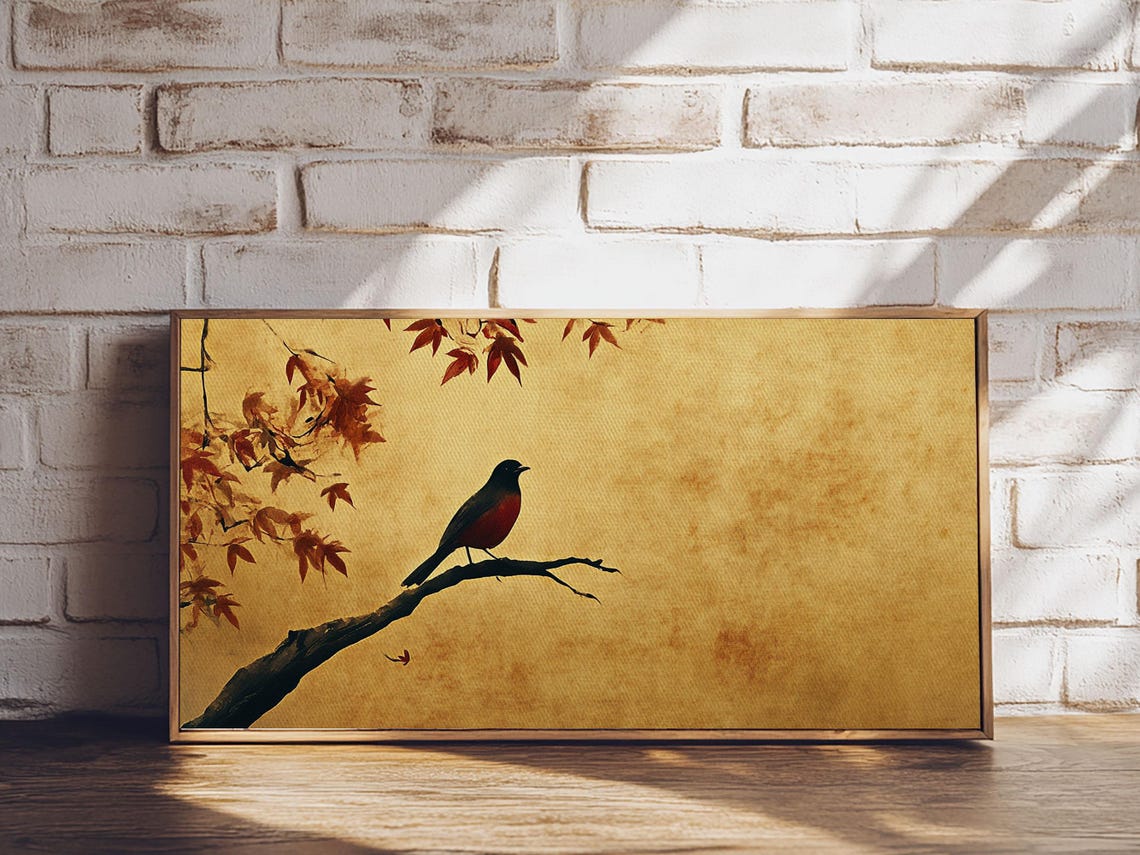 Autumn Maple Songbird Oil Painting Golden Fall Leaves Vintage Print - Image 4