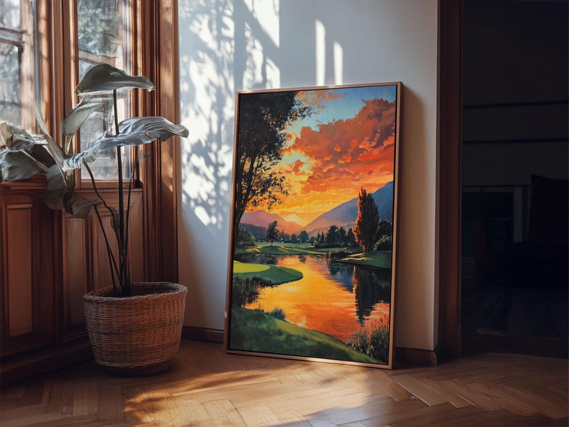 Golden Sunset Golf Framed Print Landscape Wall Art Rustic Horizontal Decor Living Room Painting Gift Idea For Him - Image 2