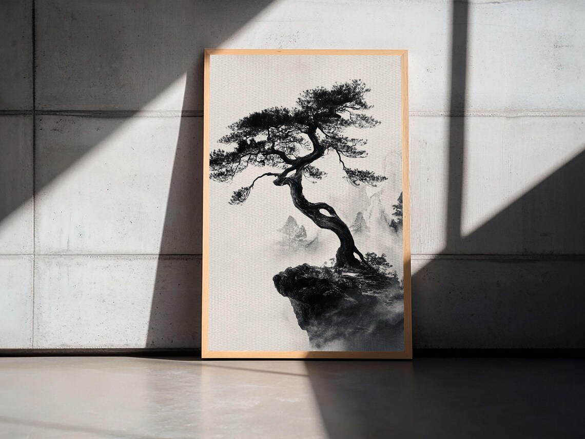 Bonsai Tree on a Cliff, Wabi-Sabi Japanese Art Print