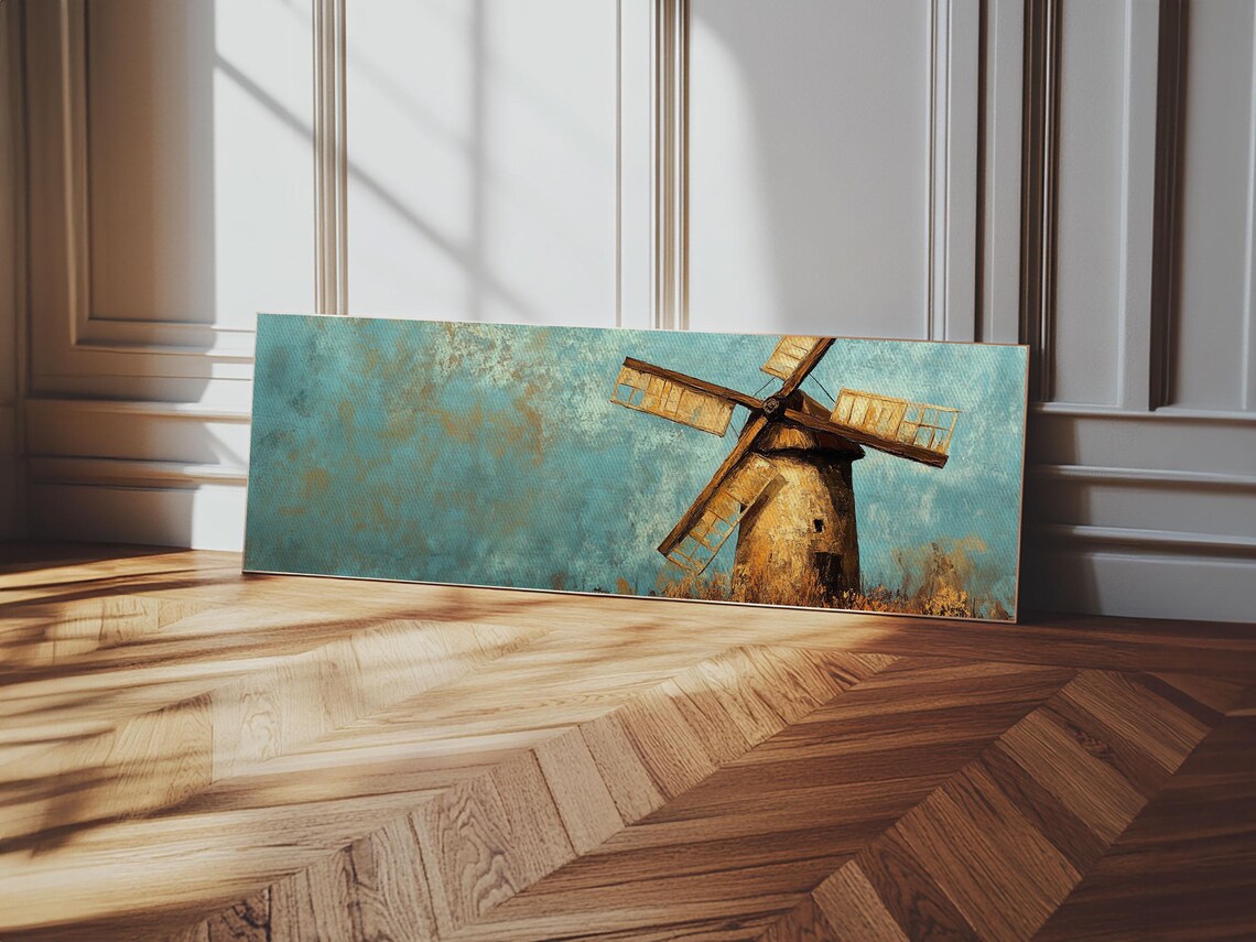 Rustic Stone Windmill Teal Sky Painterly Farmhouse Panoramic Landscape Poster - Image 5