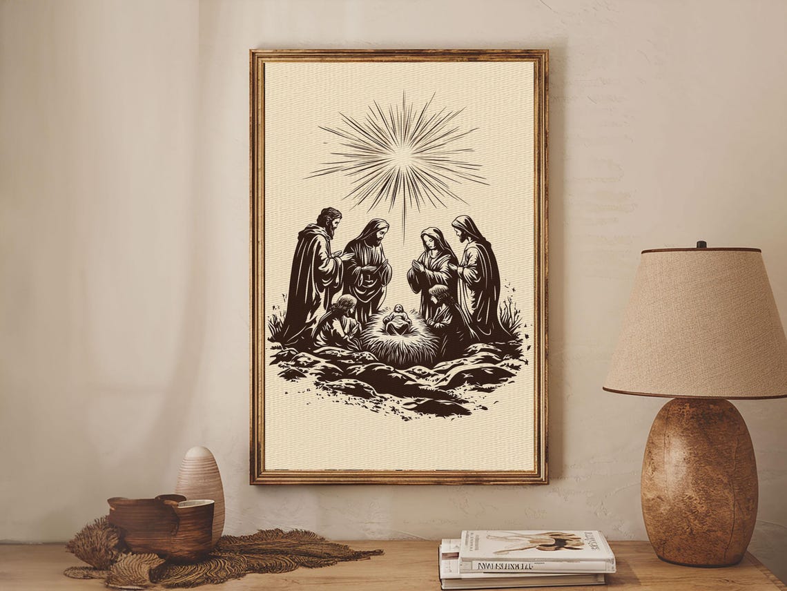 Nativity Scene Under Radiant Star Black Silhouette Christmas Poster