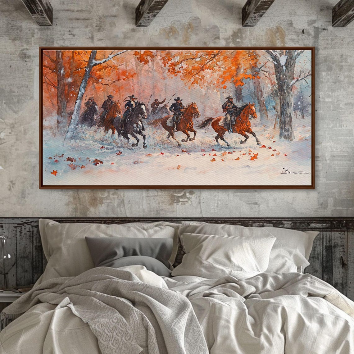 Cowboys Galloping Through Snowy Autumn Forest Storm Art Print - Image 2