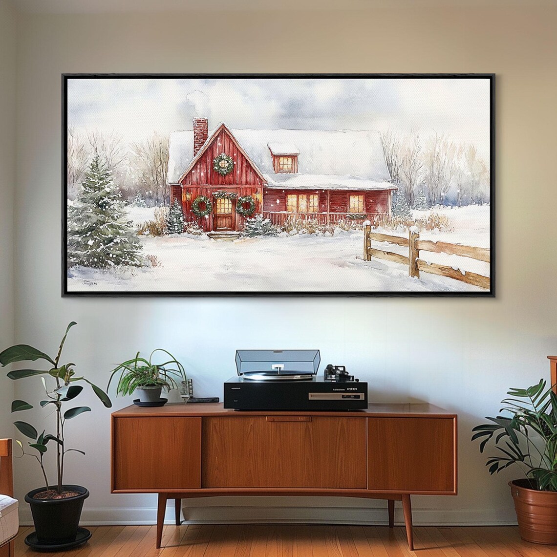 Snowy Red Farmhouse With Wreaths, Holiday Lights Art Print - Image 4