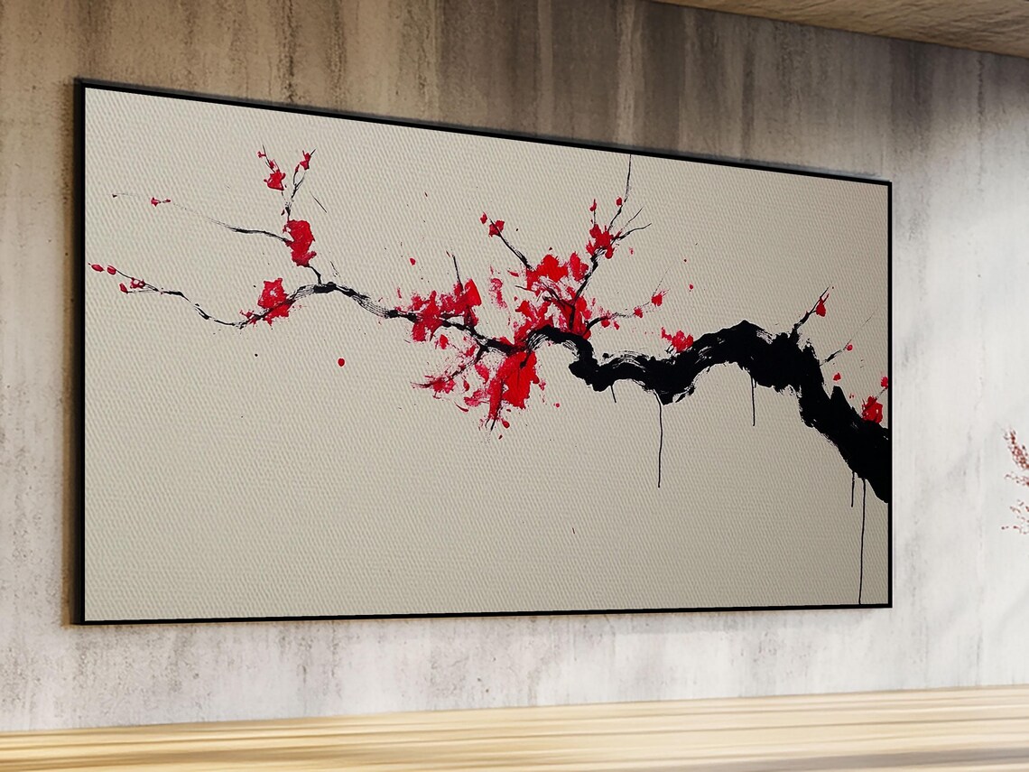 Cherry Blossom Branch Ink Painting Red Blooms Japanese Sumi Art Print - Image 2