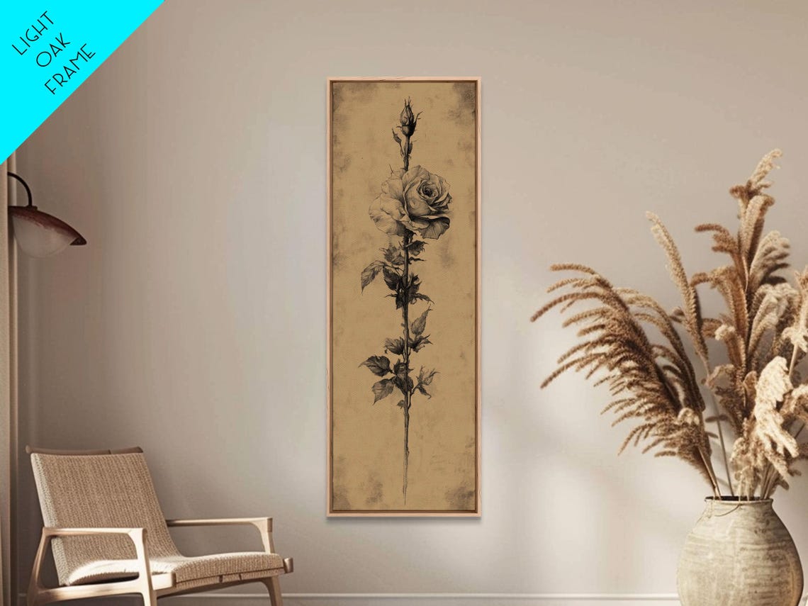 Black And White Rose Sketch Aged Background Botanical Wall Art