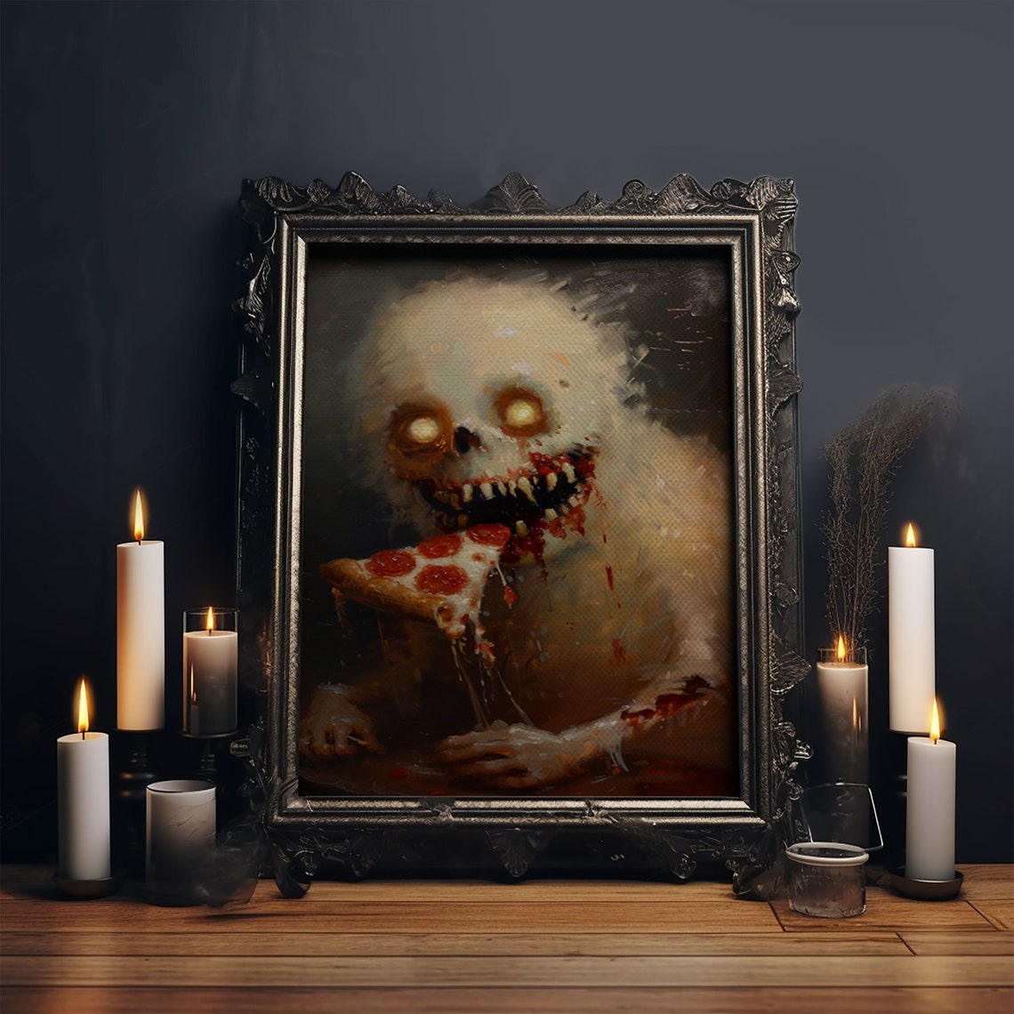Zombie Ghost Devouring Pepperoni Pizza Horror Funny Art Poster - Image 5