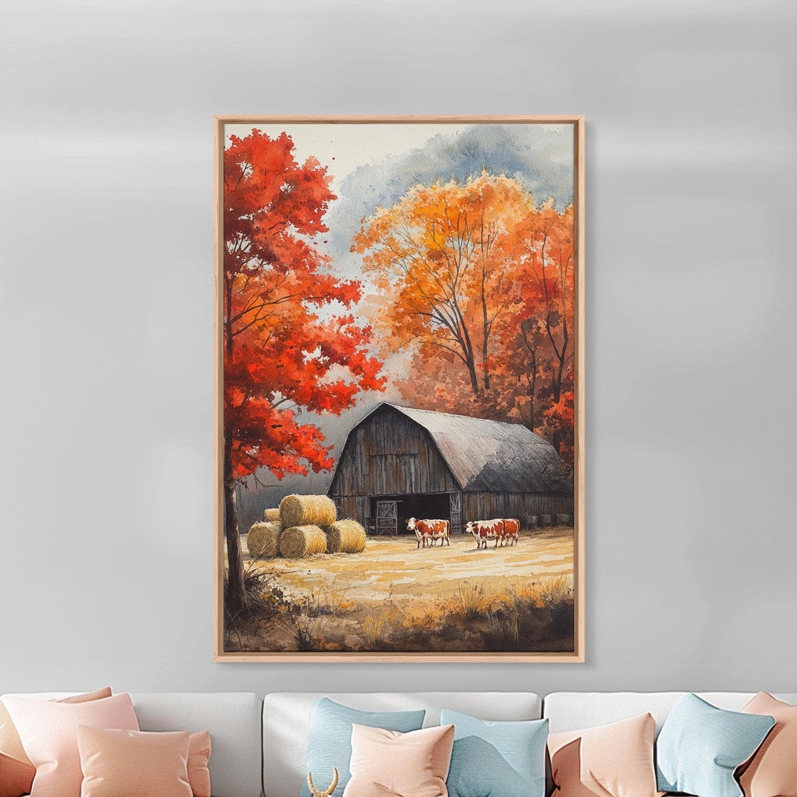 Rustic Barn With Hay Bales And Cows In Fiery Fall Foliage Poster - Image 3