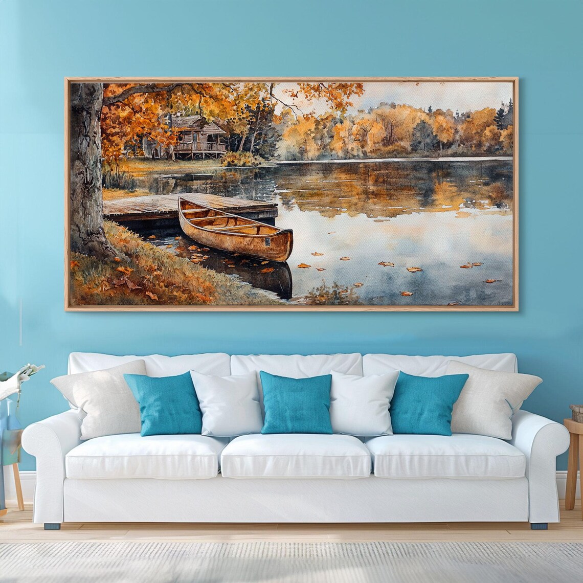 Autumn Canoe On Golden Lake Shore Cabin Woods Watercolor Art Print - Image 6