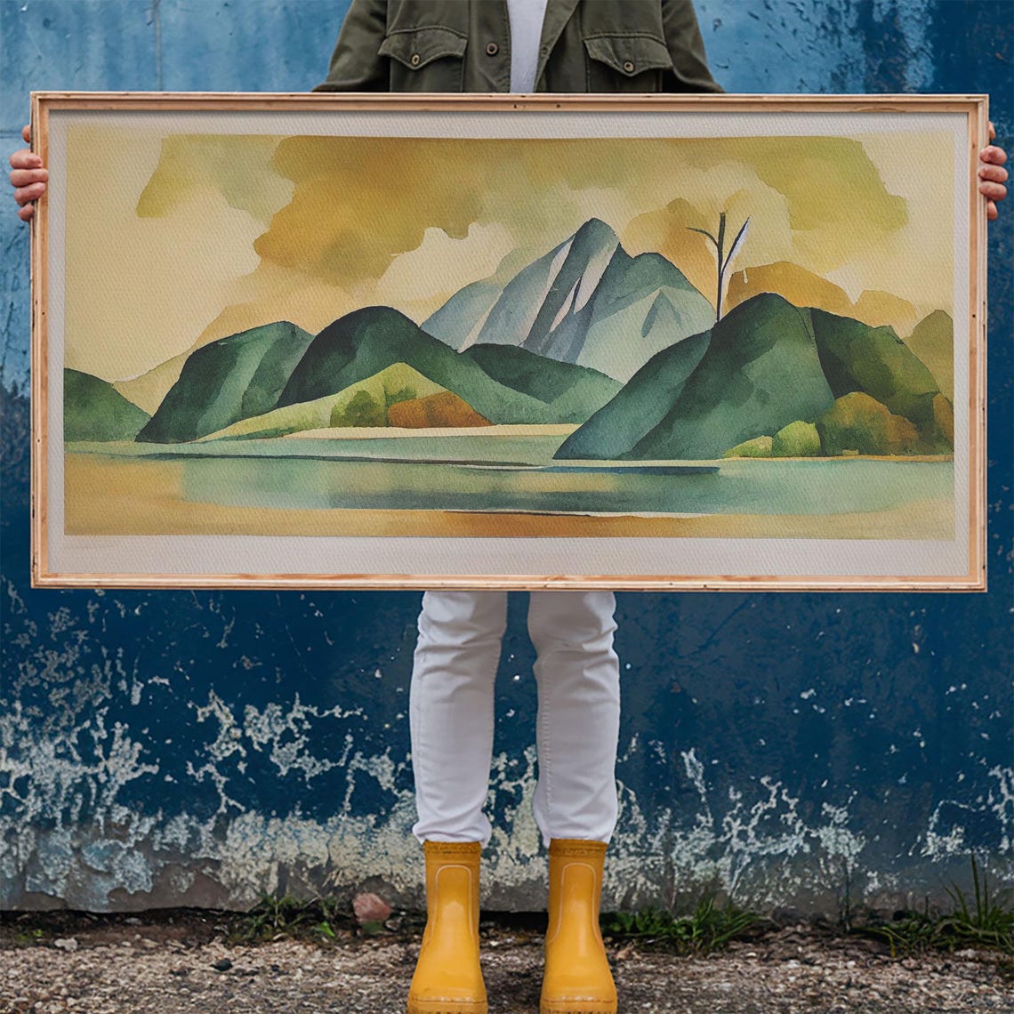 Green Watercolor Abstract Mountain Lake Landscape Modern Wall Poster - Image 6