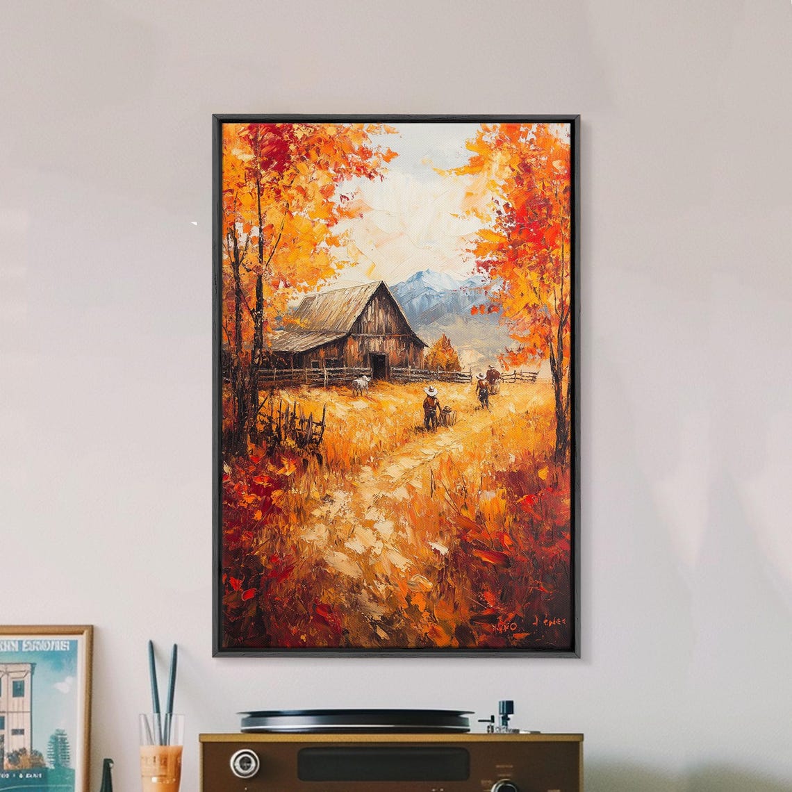 Autumn Barnyard With Barn Golden Field Mountain View Art Poster