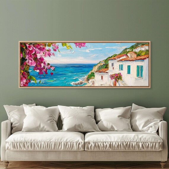 Mediterranean Coastal Village Bougainvillea Sea View Oil Painting Poster