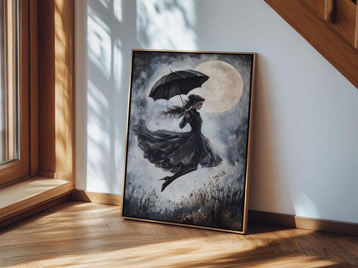 Witch Flying With Umbrella Under Full Moon Dark Gothic Night Wall Art - Image 4
