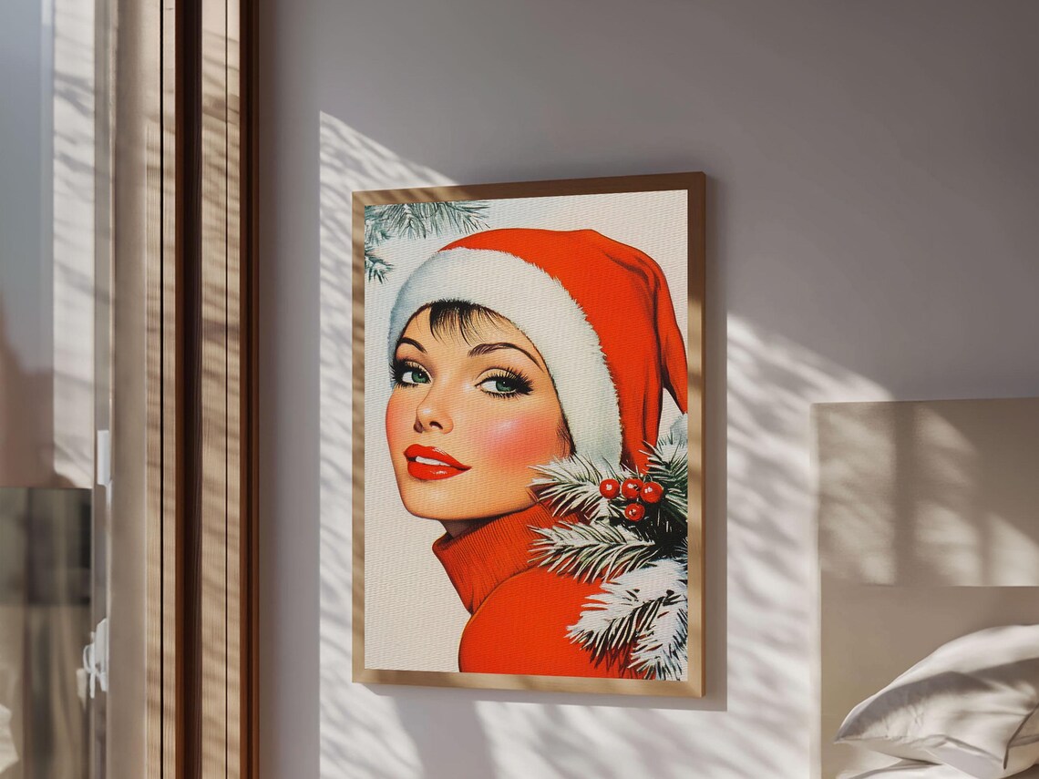 1950s Christmas Pin Up Woman In Santa Hat Retro Holiday Wall Art - Image 5