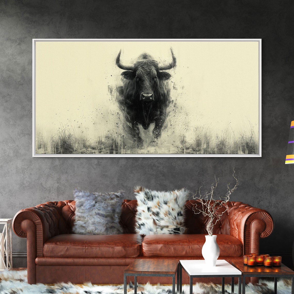 Charging Black Bull Ink Sketch Dramatic Western Style Poster