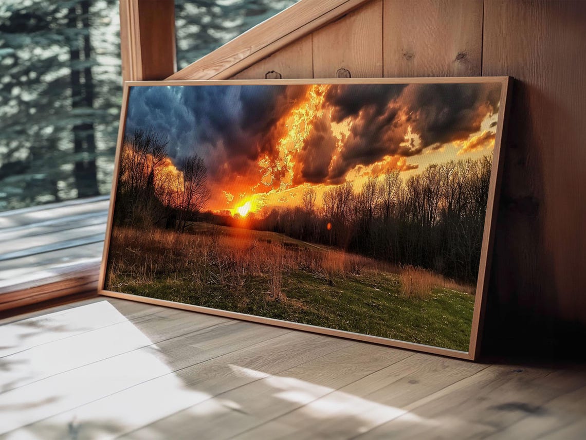 Dramatic Stormy Sunset Over Meadow Treeline Countryside Poster - Image 3