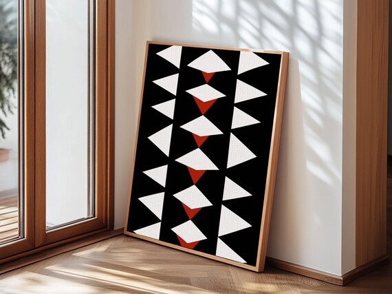 Tribal Triangles Black White Red Aztec Geometric Boho Wood Panel Art Print