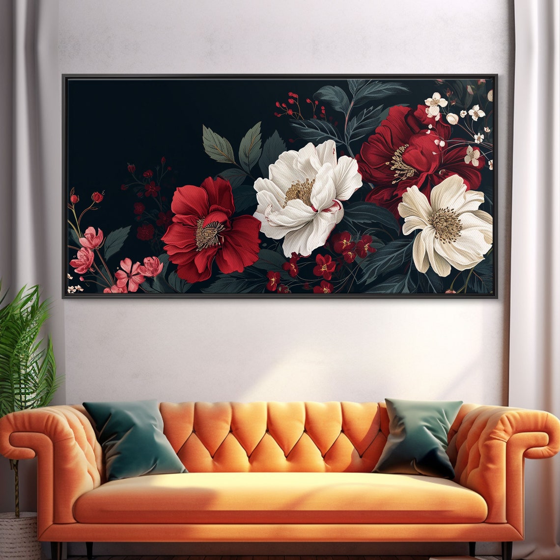 Red White Peony Floral Botanical Painting Black Background Poster - Image 5