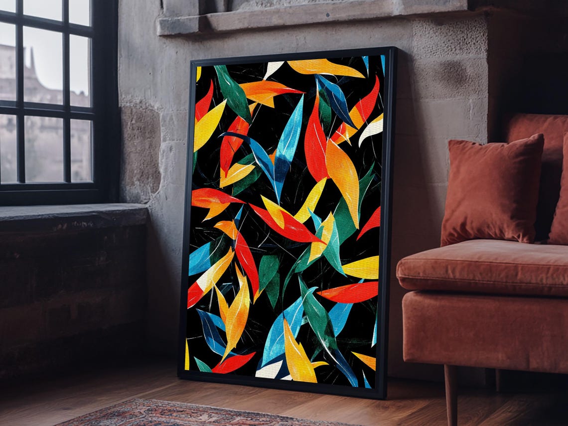 Colorful Autumn Leaves Pattern On Black Retro Mid Century Style Poster - Image 6