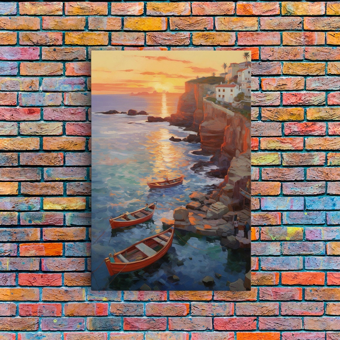 Seaside Cliff Town Fishing Boats Sunset Harbor Painting Art Poster