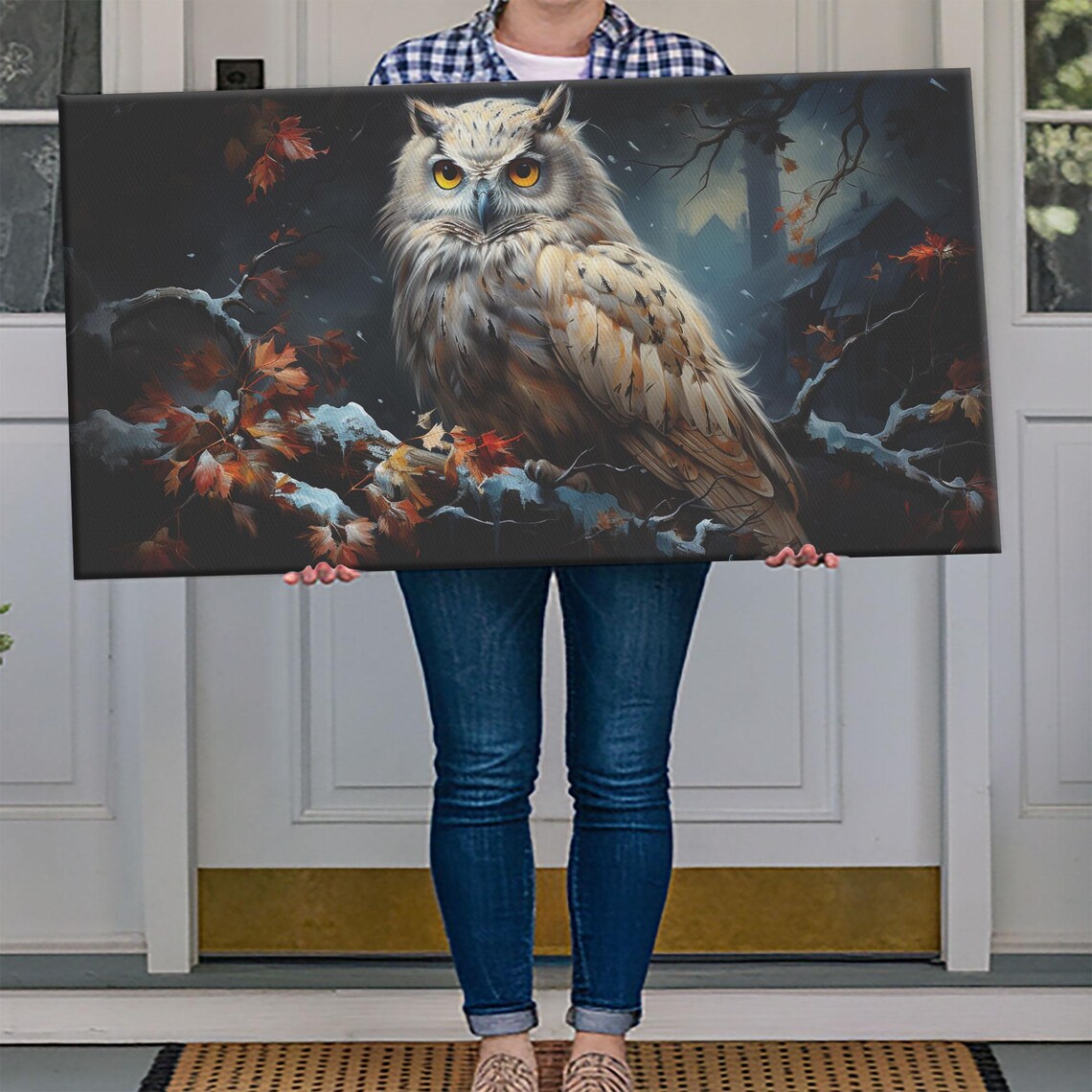 Snowy Winter Owl Portrait Autumn Leaves Falling Snow Wildlife Poster - Image 4
