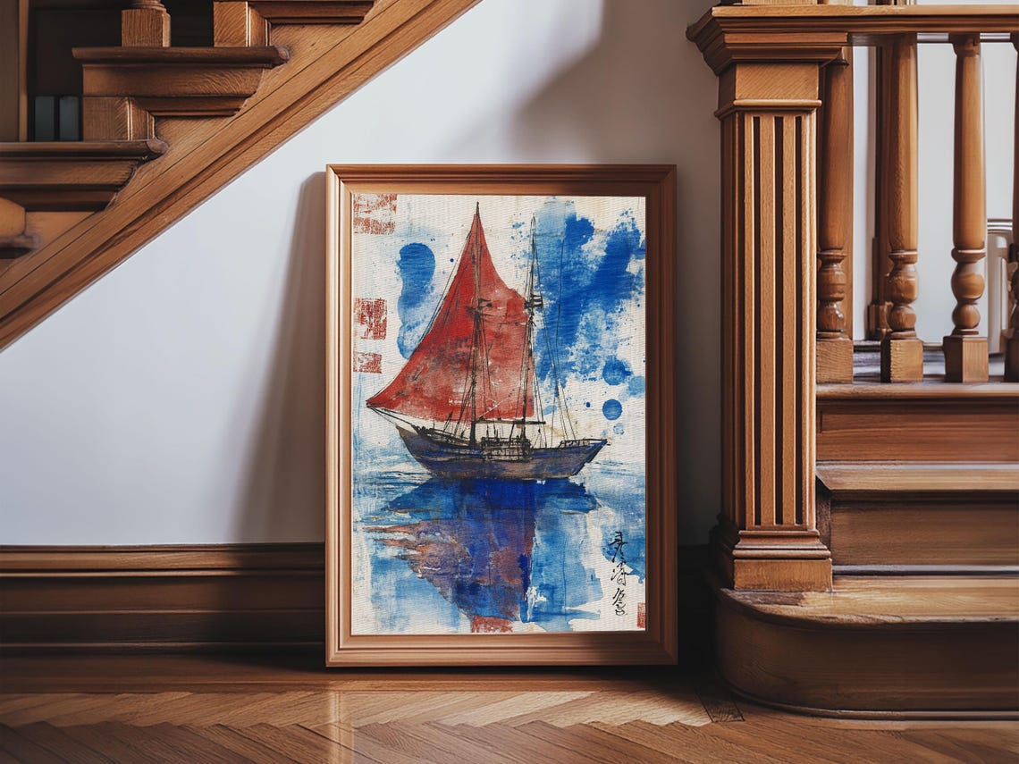 Japanese Sailboat With Red Sails Blue Watercolor Nautical Art Poster - Image 5