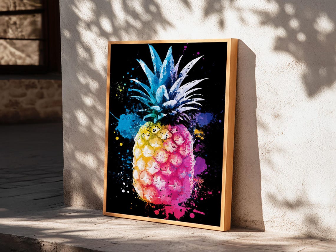 Neon Pineapple Watercolor Black Background Pop Art Kitchen Poster - Image 5