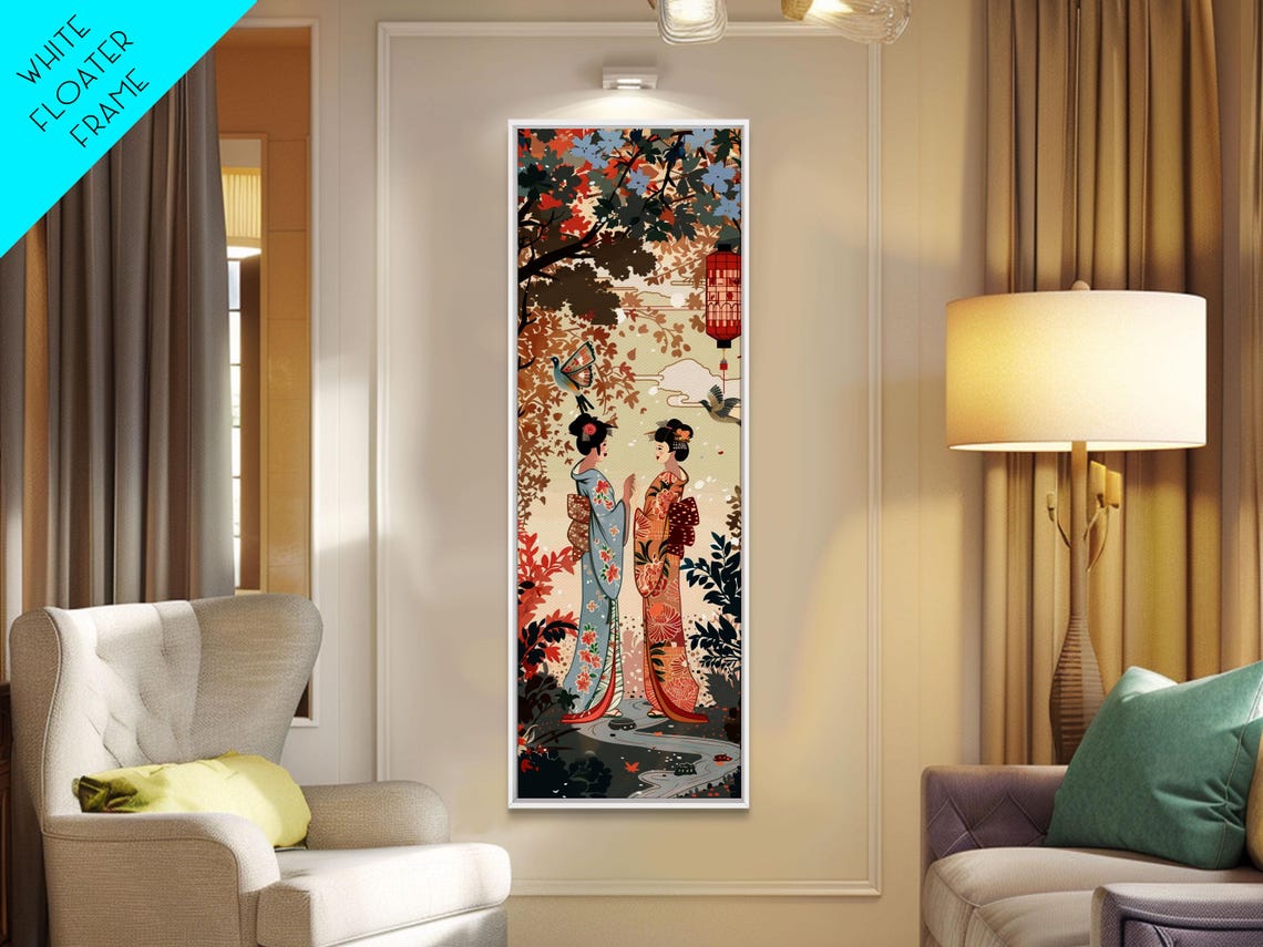 Japanese Geisha Kimono Women Autumn Maple Tree Lanterns Art Poster