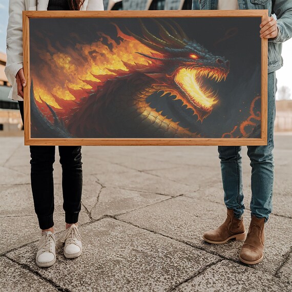 Fire Breathing Horned Dragon Framed Print Colorful Fantasy Wall Art Videogame Concept Decor