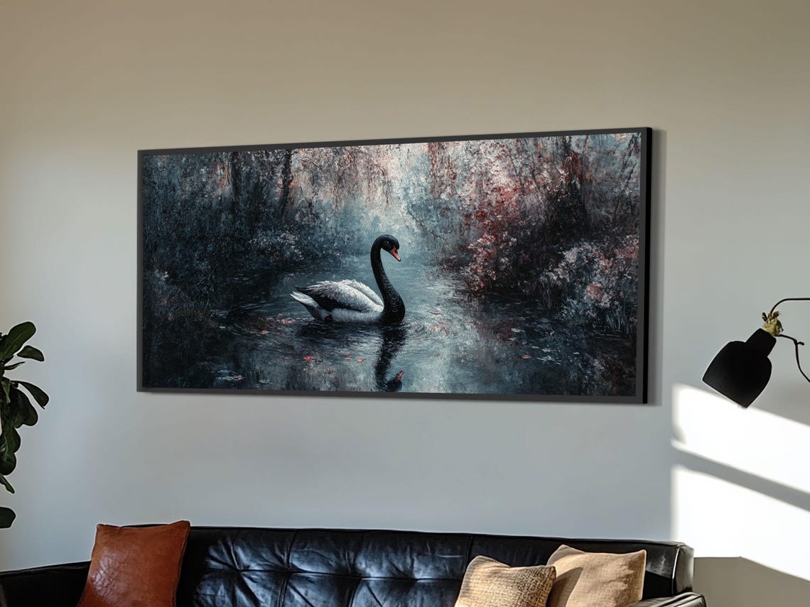 Dark Academia Black Swan Painting Misty Lake Gothic Romantic Art Print - Image 3