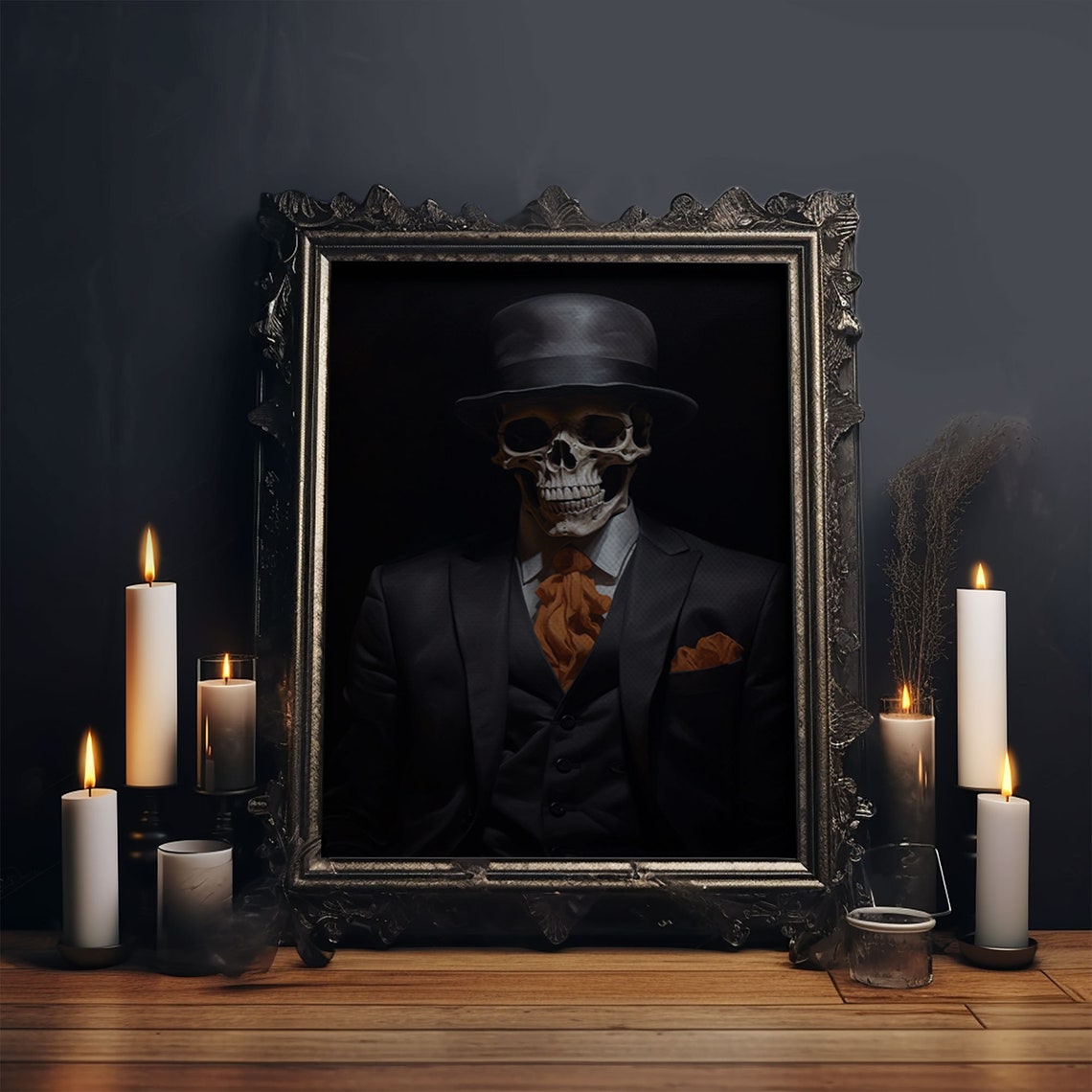 Spooky Skeleton Businessman Bowler Hat Tie Halloween Gothic Art Print - Image 5