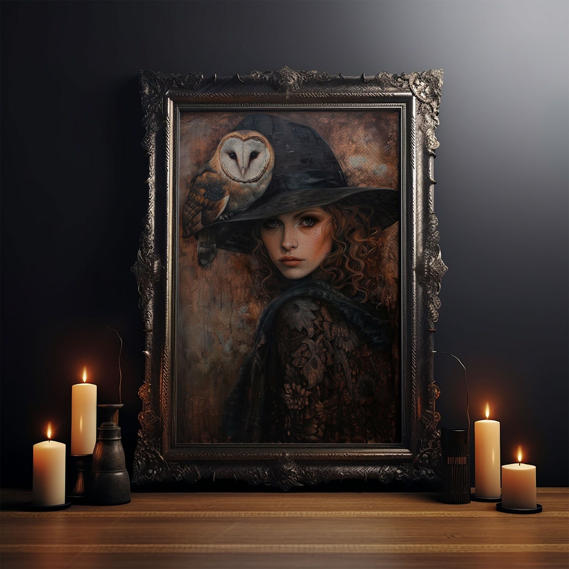 Beautiful Red Haired Witch Barn Owl Portrait Gothic Art Poster - Image 4