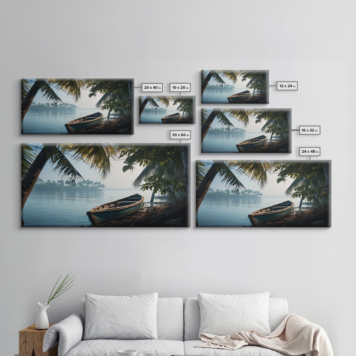 Abandoned Wooden Canoe Misty Tropical Lake Palm Trees Dawn Poster - Image 2