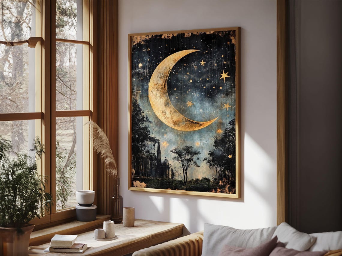 Golden Crescent Moon Stars Mystical Night Forest Sky Art Print - Image 5