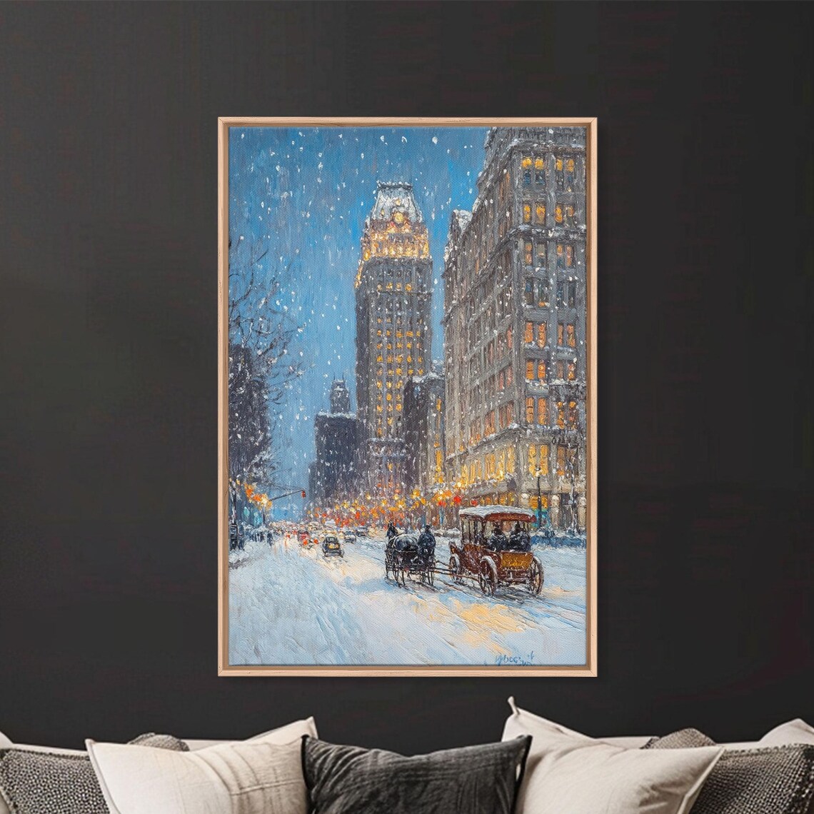 Snowy City Avenue Night With Horse Carriages In Falling Snow Poster - Image 3