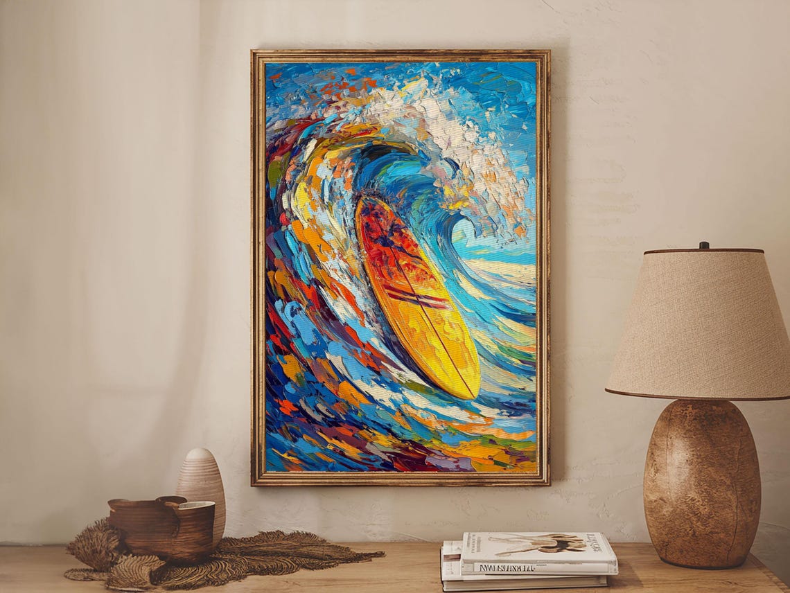 Energetic Surfboard Wave Print With Bold Abstract Coastal Painting And Nautical Decor For Extra Wide Wall Art Display - Image 4