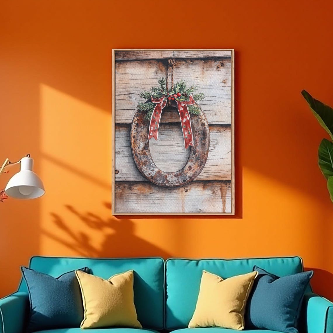Christmas Horseshoe Rustic Wood Pine Bow Holiday Watercolor Wall Art - Image 2
