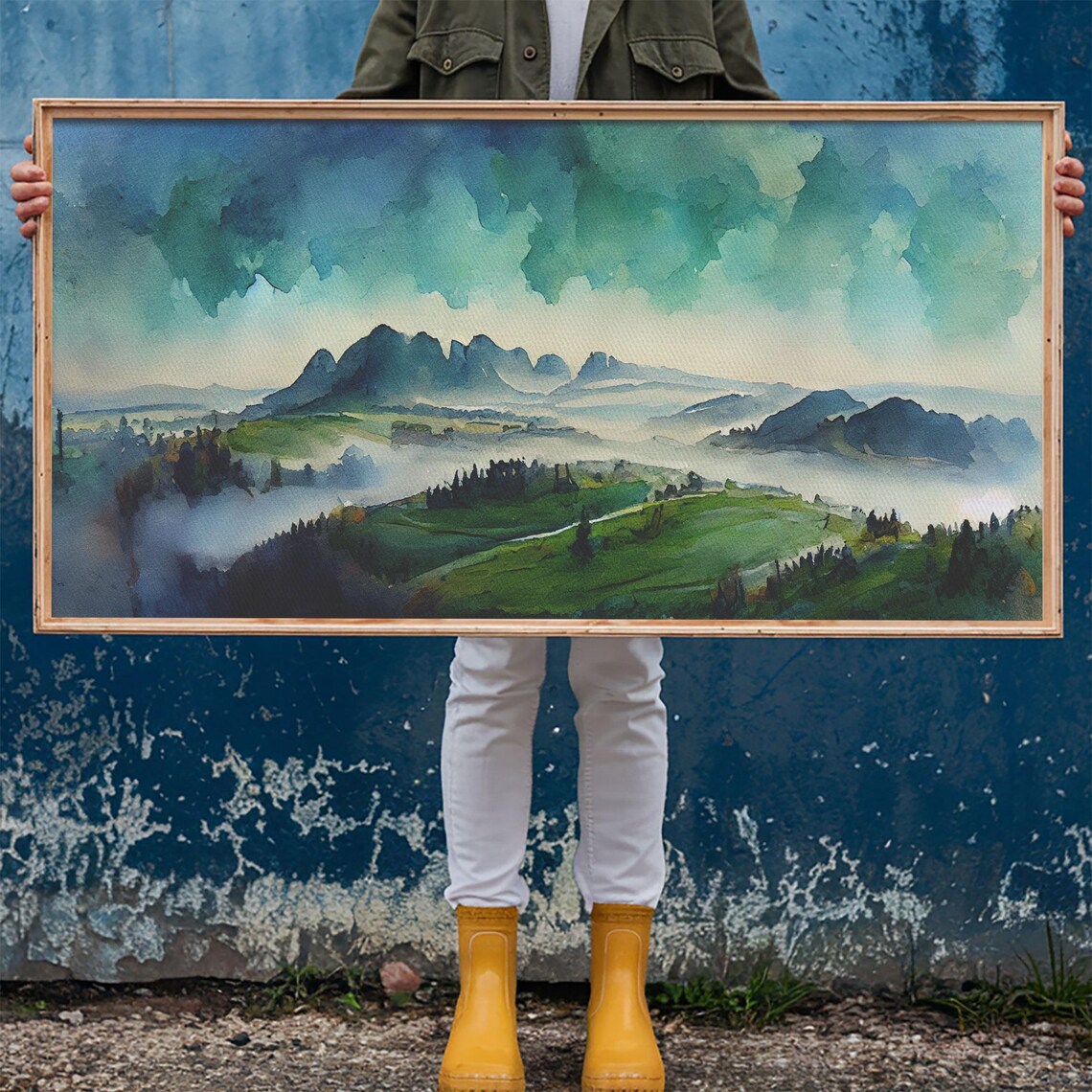 Misty Blue Green Mountain Valley Watercolor Fog Rolling Hills Poster - Image 6