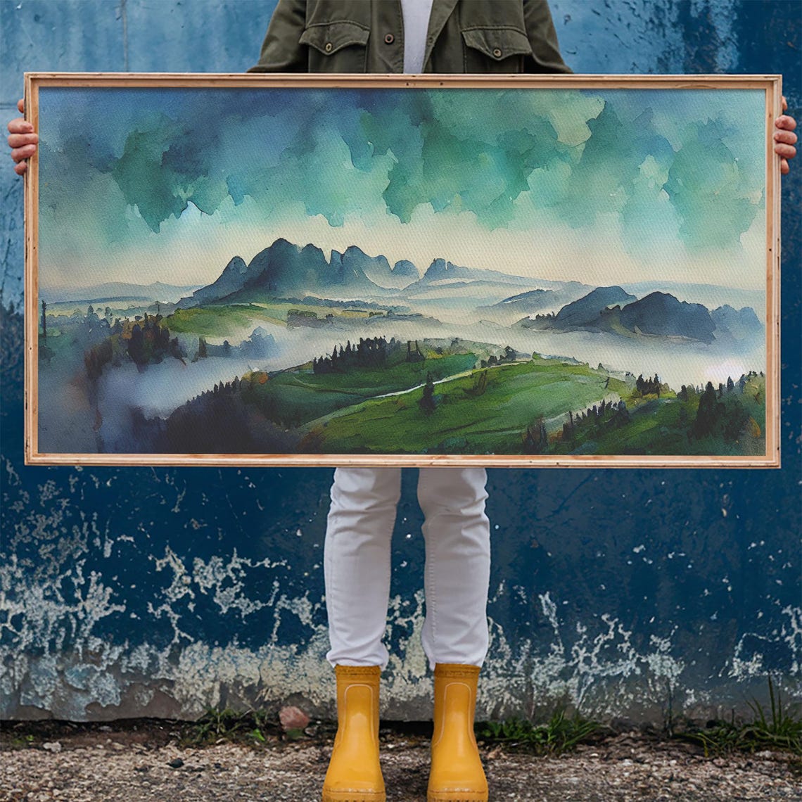 Panoramic Blue Green Mountain Valley Watercolor Art Print Misty Rolling Hills Landscape Extra Large Panorama Print - Image 6