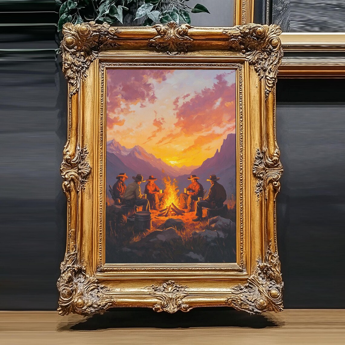 Cowboys Around Campfire In Mountains At Sunset Glow Art Poster - Image 2