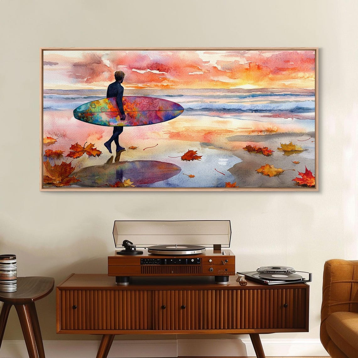 Autumn Surfing Sunset Surfer Colorful Board Maple Leaves Beach Poster - Image 4
